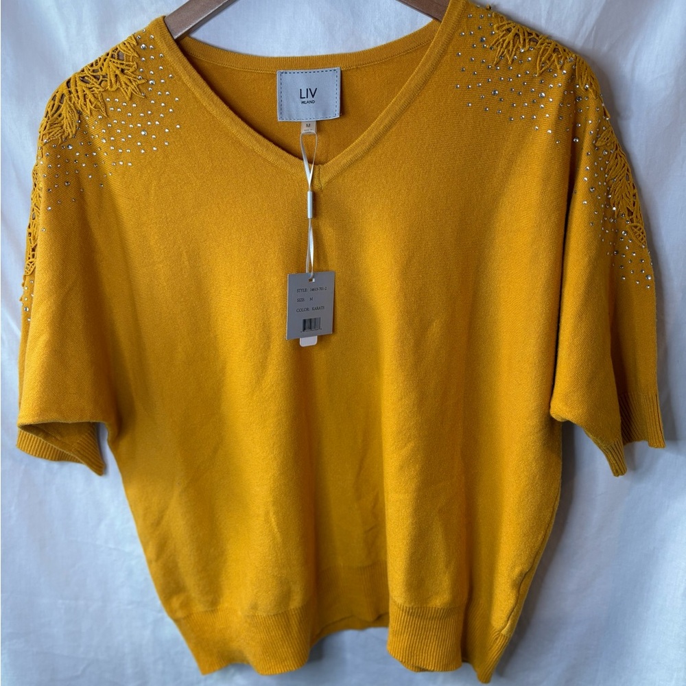 NWT LIV Vivid Yellow Top Embroidered Detailed Shoulders Short Sleeve Sweater Med